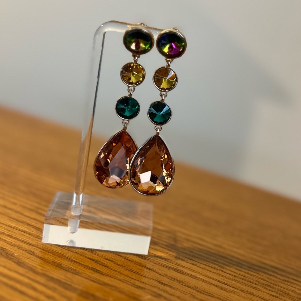 Peach, teal, yellow, purple AB chandelier earrings